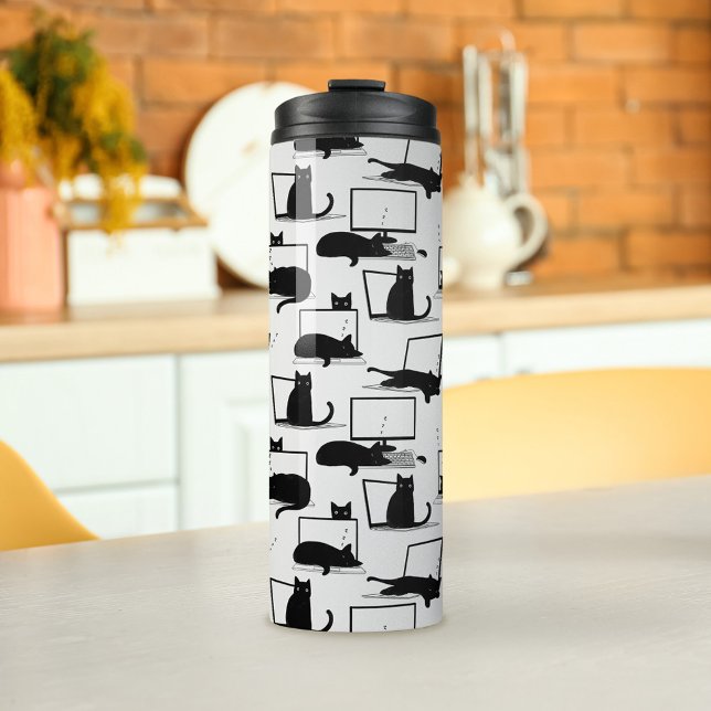 Black Cats Sitting on Laptops Pattern Thermal Tumbler (Cats Sleeping on Laptops Tumbler)