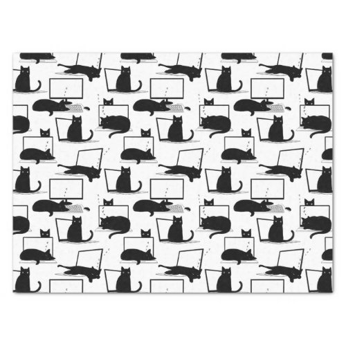 Black Cats Sitting on Laptops Pattern Tissue Paper