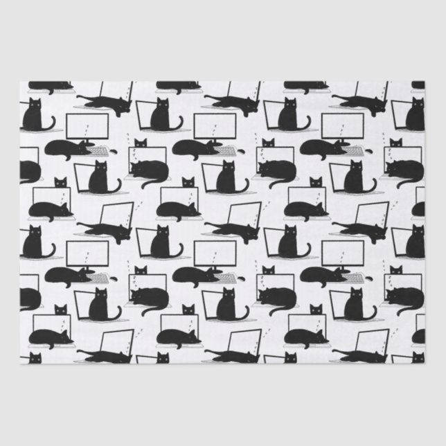 Black Cats Sitting on Laptops Pattern Tissue Paper (Front)