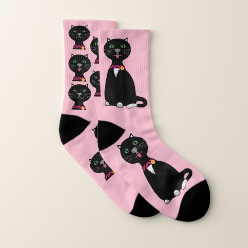 Black cats smile and poke tongues out on pink socks