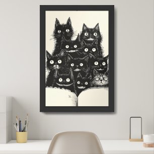 Black Cats Smiling and reading a book Framed Art