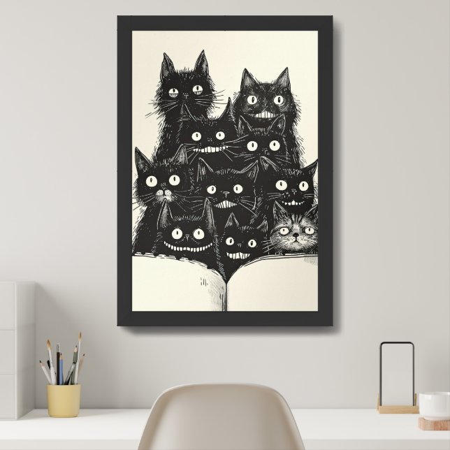 Black Cats Smiling and reading a book Framed Art (Home Office)