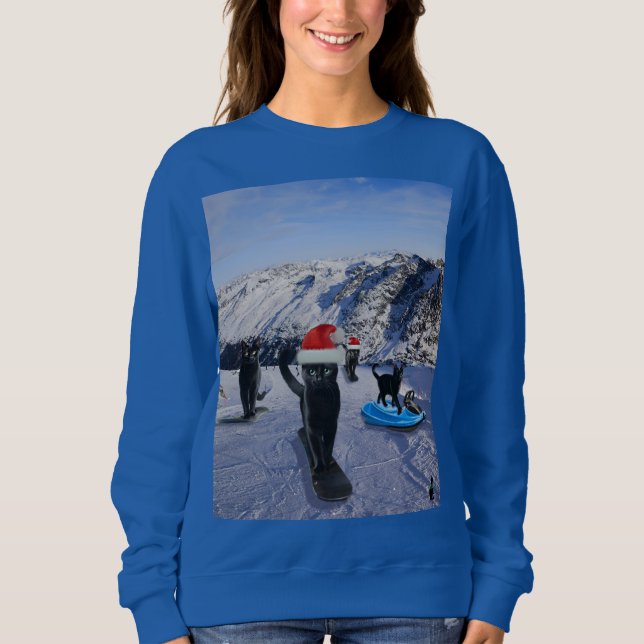 Black Cats Snowboarding On Christmas Sweatshirt (Front)