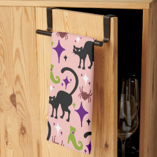 Black Cats Spiders Lime Witch's Boots Halloween Kitchen Towel