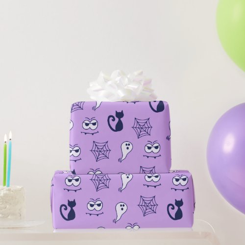 Black Cats Spiderwebs and Ghosts Purple Halloween Wrapping Paper