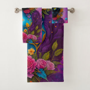 Black cats surrounded by flowers bath towel set
