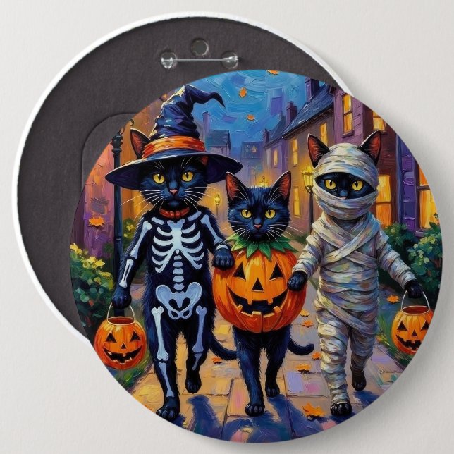 Black Cats Trick-or-Treating in Halloween Costumes Button (Front & Back)