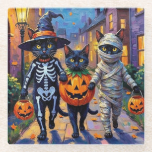Black Cats Trick-or-Treating in Halloween Costumes Glass Coaster