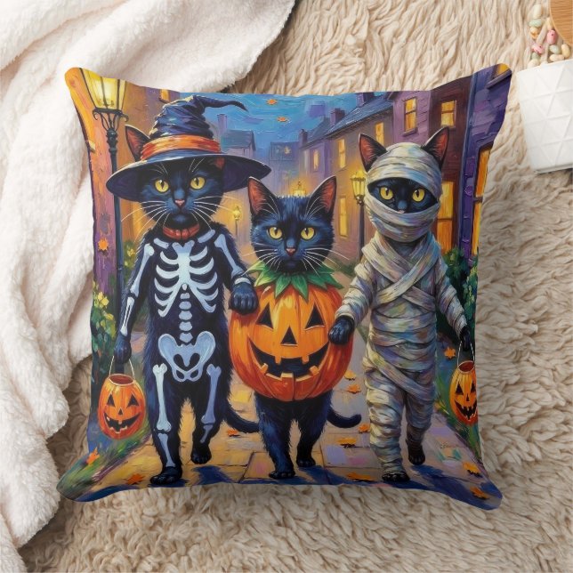 Black Cats Trick-or-Treating in Halloween Costumes Throw Pillow (Blanket)