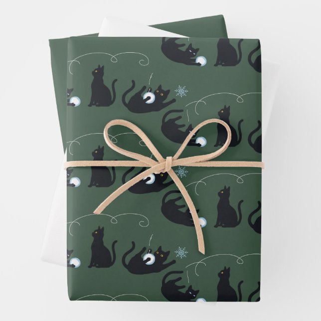 Black Cats Winter Cute Christmas Winter  Wrapping Paper Sheets (In situ)
