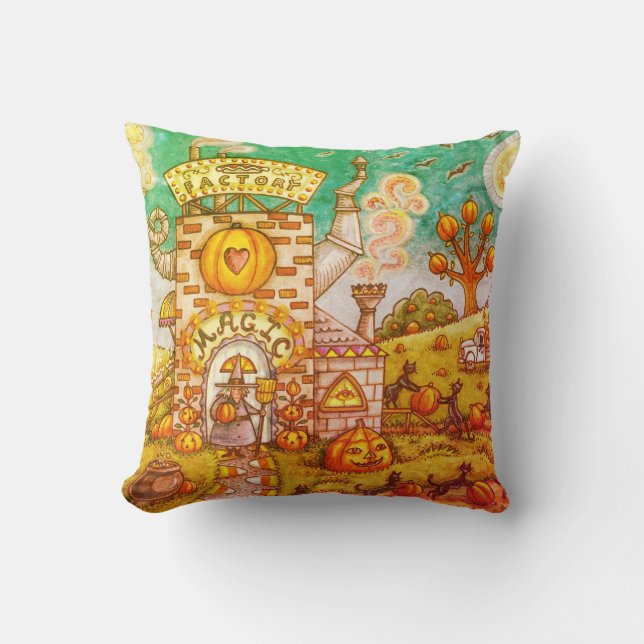 BLACK CATS, WITCH PUMPKIN PIE FACTORY THROW PILLOW (Front)