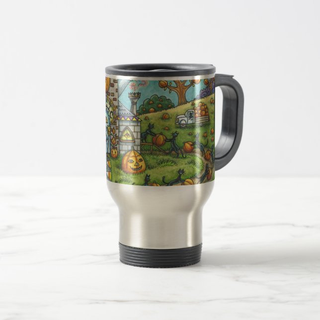 BLACK CATS, WITCH PUMPKIN PIE FACTORY TRAVEL MUG (Front Right)