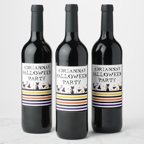 Black Cats with Halloween Stripes Custom Party Wine Label