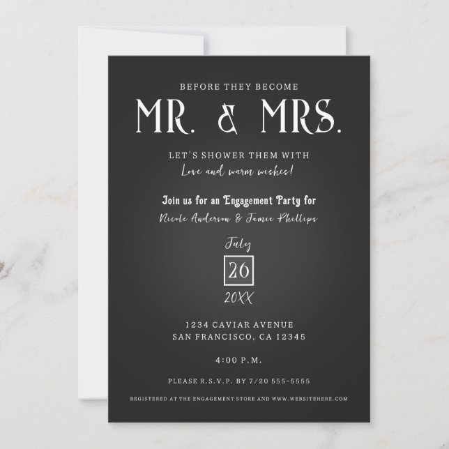 Black Caviar Elegant Mr. & Mrs. Engagement Party  Invitation (Front)