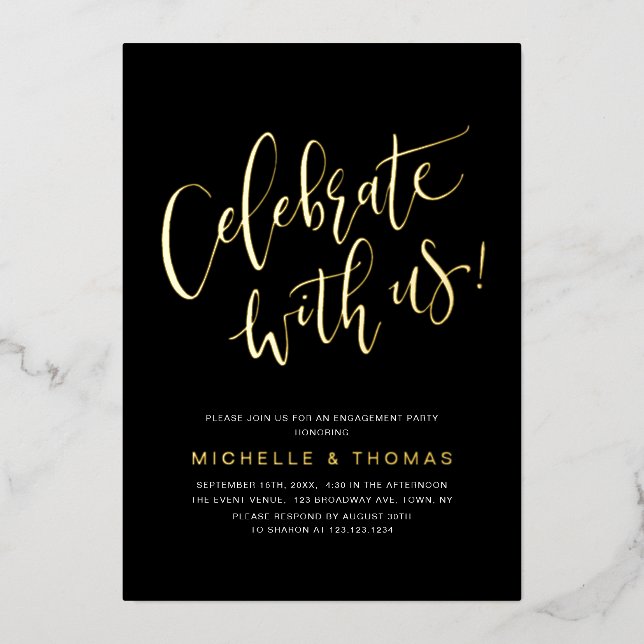 Black Celebrate With Us Modern Simple Engagement  Foil Invitation (Front)
