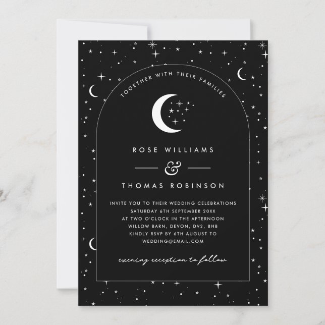 Black Celestial Arched Wedding Invitation (Front)