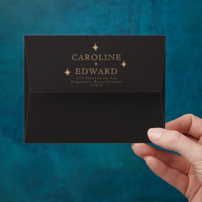 Black Celestial Gold Stars Moon Astronomy Wedding Envelope (Hand)