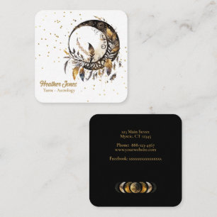 Black celestial moon with gold feathers square business card