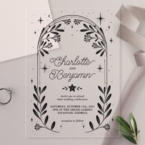 Black Celestial Starry Floral Arch Wedding Acrylic Invitations