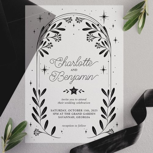 Black Celestial Starry Floral Arch Wedding Vellum Invitations