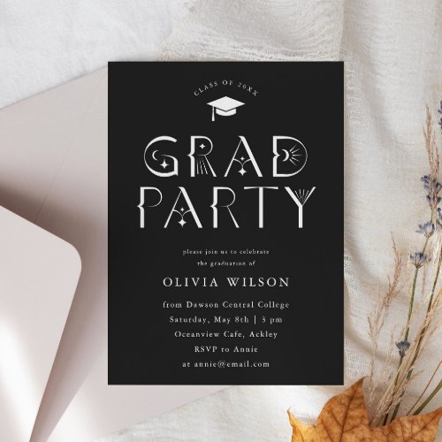 Black Celestial Typography Grad Party  Invitation