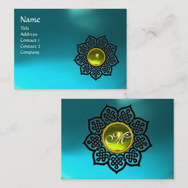 BLACK CELTIC FLOWER YELLOW GEM MONOGRAM Aqua Blue Business Card (Front/Back)