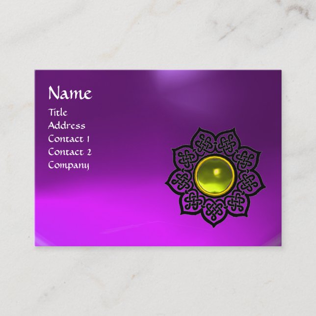 BLACK CELTIC FLOWER YELLOW GEM MONOGRAM Purple Business Card (Front)
