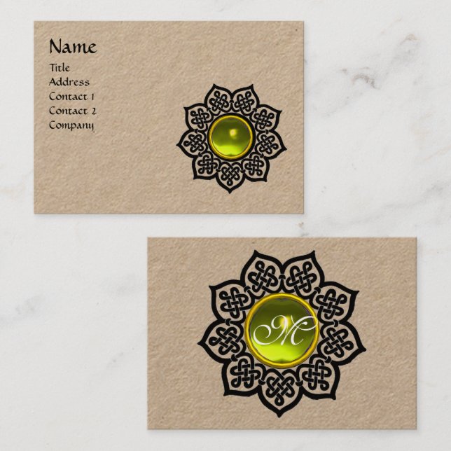 BLACK CELTIC FLOWER YELLOW TOPAZ GEM MONOGRAM BUSINESS CARD (Front/Back)
