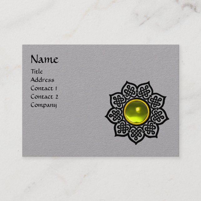 BLACK CELTIC FLOWER YELLOW TOPAZ GEM MONOGRAM Grey Business Card (Front)