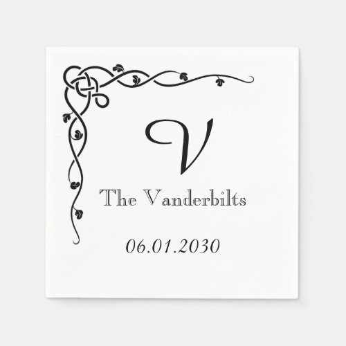 Black Celtic Knot Corner Vine Monogram Wedding Napkins