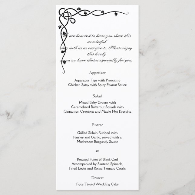 Black Celtic Knot Corner Vine Wedding Menu (Front)