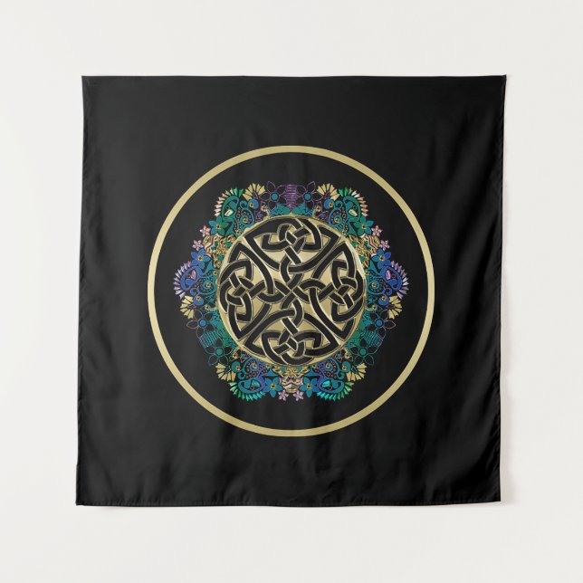 Black Celtic Knot Mandala Wall Tapestry (Front)