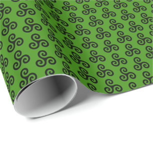 Black Celtic Triple Spiral Triskele on Green Wrapping Paper