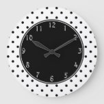 Black Center With Small Black Polka Dots White Bac Large Clock at Zazzle