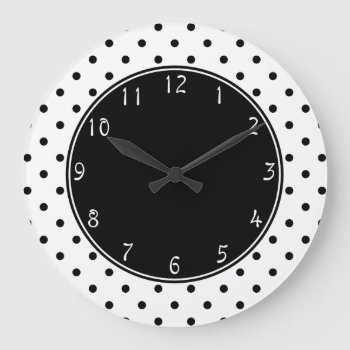 Black Center With Small Black Polka Dots White Bac Large Clock by sumwoman at Zazzle