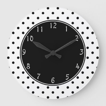 Black Center With Small Black Polka Dots White Bac Large Clock