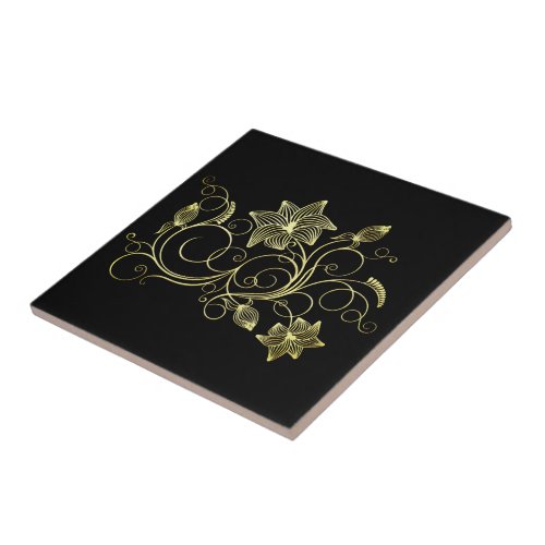 Black Ceramic Tile with Gold Flowers Choose Color