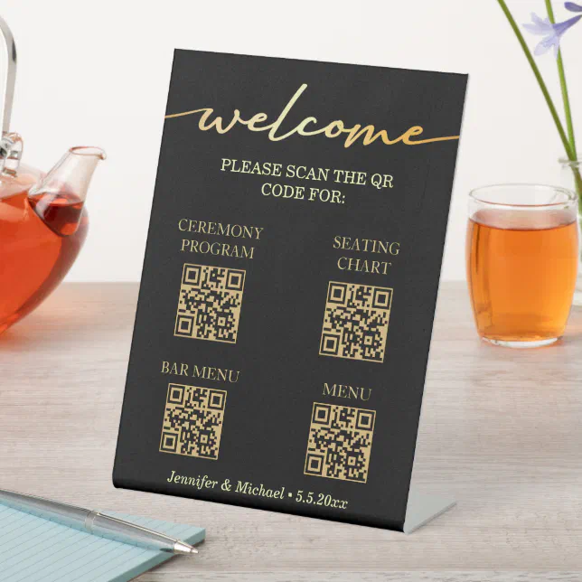 black ceremony&seating chart&bar menu qr code pedestal sign | Zazzle