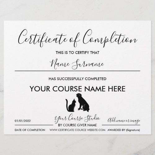 Black certificate of completion pet cat dog