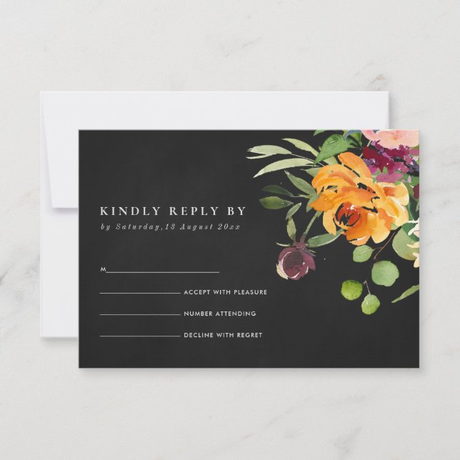 BLACK CHACKBOARD BLUSH YELLOW ORANGE FLORAL RSVP CARD (Front)