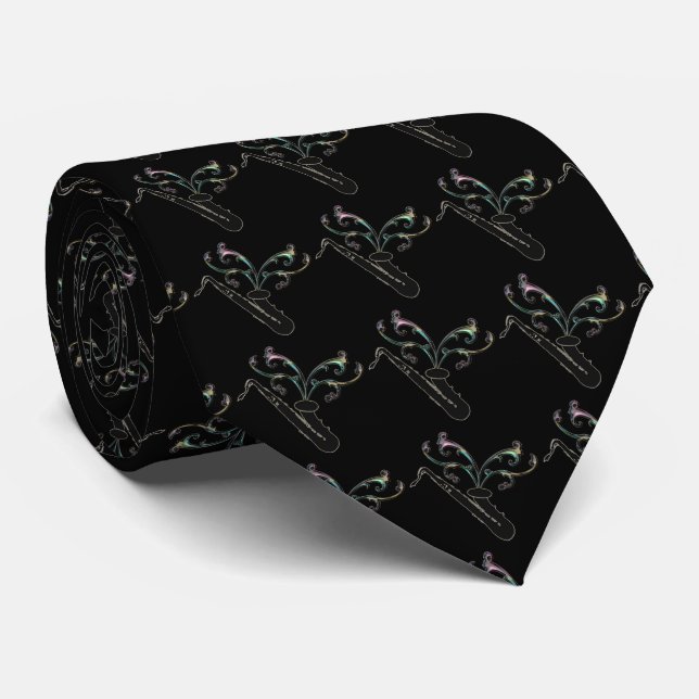Black Chain of Saxophones Music Tie (Rolled)