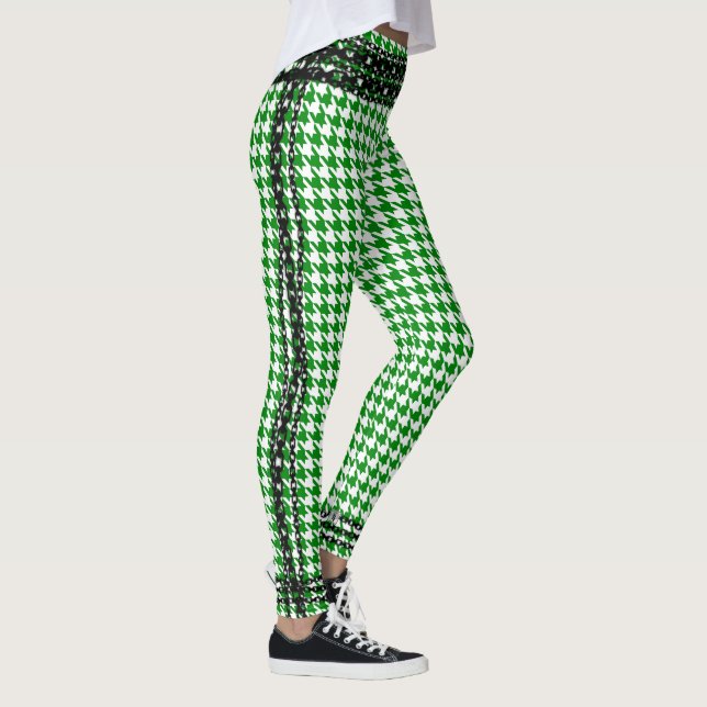 Black Chain Trim Kelly Green White Houndstooth Leggings (Right)