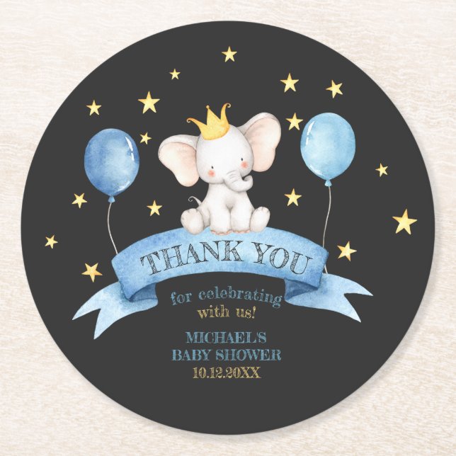 black chalk baby thank you elephant BALLOON Round Paper Coaster (Front)