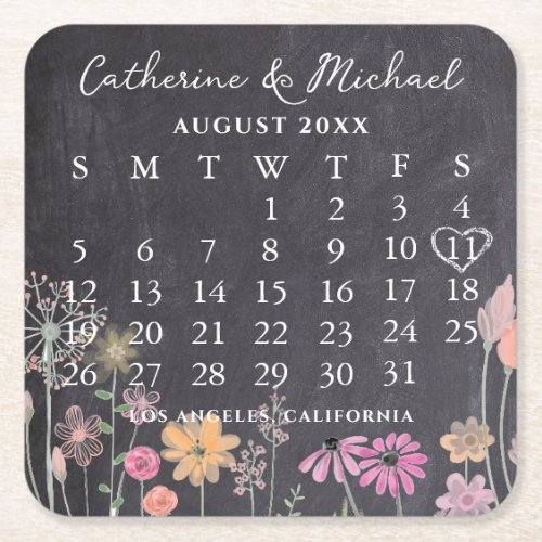 Black Chalk Board Photo Date Calendar  Square Paper Coaster