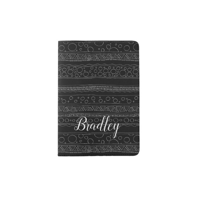 Black Chalk Doodle Pattern Gothic Art and Name Passport Holder (Front)