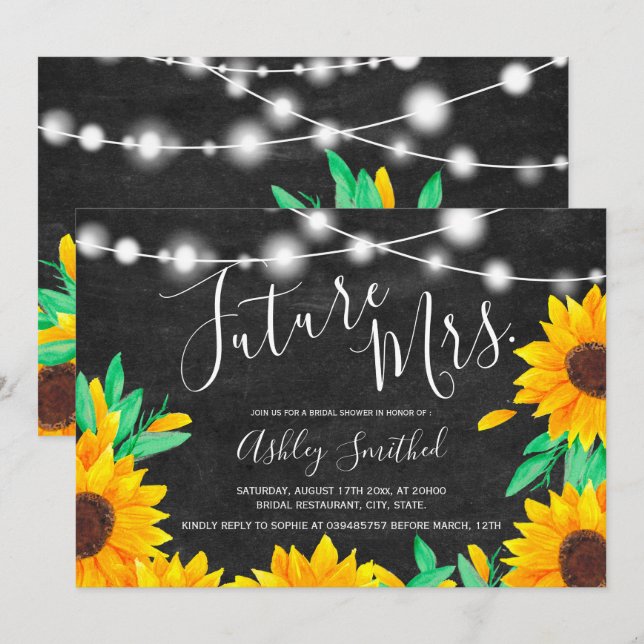 black chalk string lights sunflowers bridal shower invitation (Front/Back)