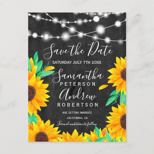 black chalk string lights sunflowers save the date announcement postcard