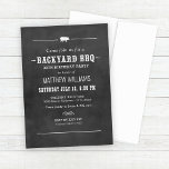 Black Chalkboard Backyard BBQ Birthday Party Invitation<br><div class="desc">Casual style "Backyard BBQ" party invitation features a little pig motif,  stylish custom text in western and modern fonts,  a scroll and stripe design elements,  and a white handwritten chalk look on a background with a rustic textured black chalkboard appearance.</div>