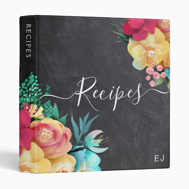 Black Chalkboard Bold Florals Monogram Recipe 3 Ring Binder (Front/Spine)