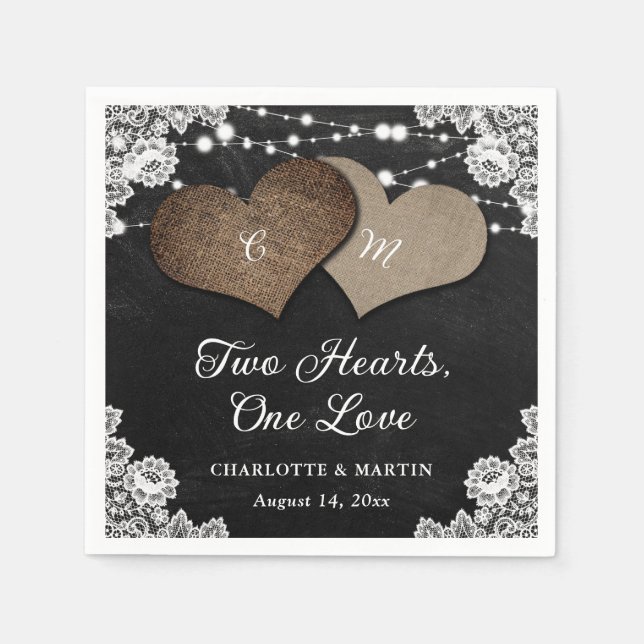 Black Chalkboard Burlap Lace Monogram Wedding Napkins (Front)